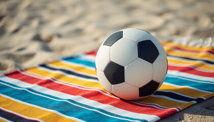 World Cup: A soccer ball sits on a colorful striped beach towel on the sand