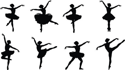 Set of eight ballerina silhouettes posing in various ballet dance positions © firoz