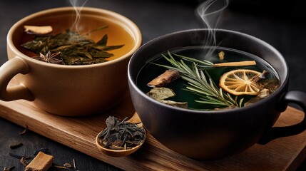 Herbal tea cup with steam and natural dried herbs on rustic wooden background, symbolizing relaxation, wellness, and organic lifestyle