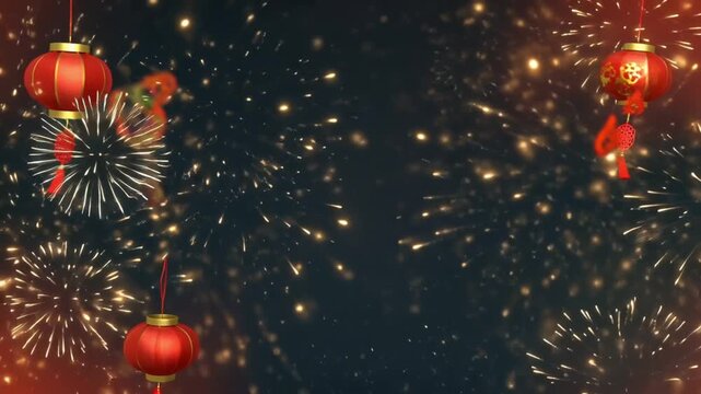 3D golden horse composed glowing particles galloping across red gold celestial sky, floating Chinese lanterns, elegant traditional cloud patterns, sparkling fireworks characters luck prosperity