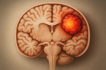 Serious medical illustration of human brain cross section showing cancerous tumor. diagnostic view of anatomy highlighting disease for educational and scientific purposes