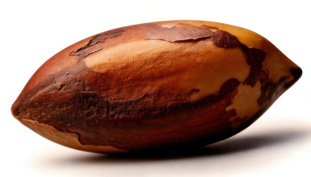 Close-up of a single shelled pili nut with textured surface.