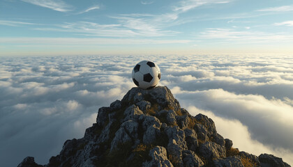 World Cup: A soccer ball sits atop a rugged mountain peak above the clouds on a clear day