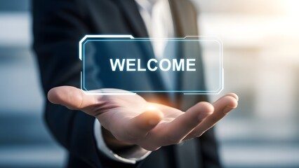 Businessman presenting a digital welcome message in a futuristic interface