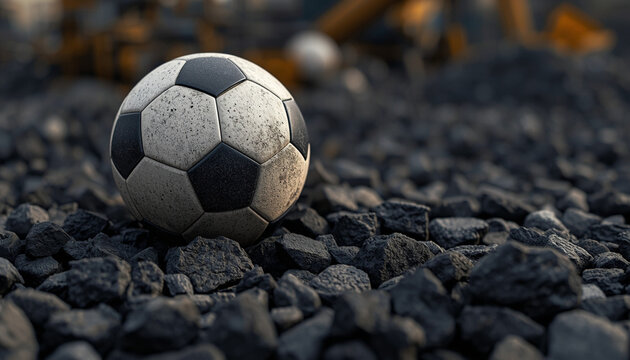 World Cup: A dirty soccer ball sitting on a pile of small rocks outdoors