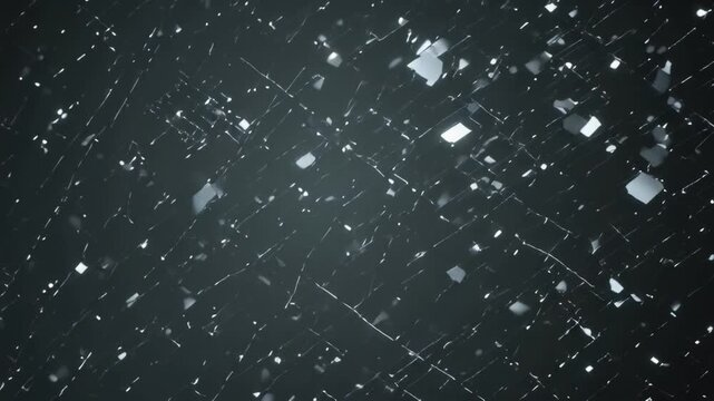 High-tech abstract digital grid, horizontal movement of dotted monochrome squares and rectangles, glowing neon LED grid, subtle pulsing lights, occasional binary code overlay, minimalistic futuristic