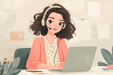 Graphic illustration of a woman working with a headset for customer support, remote productivity