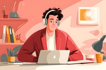 Illustration of a remote worker headset communication for a conference call, digital communication