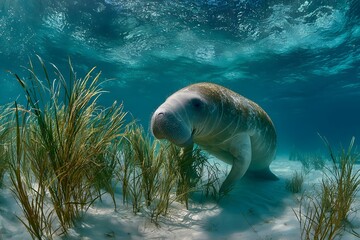 Dugong grazing in shallow coastal waters, marine wildlife