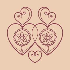 Henna Hearts Valentine&rsquo;s Day Vector with Mehndi Floral Paisley Frame