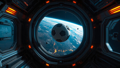 World Cup: A soccer ball floats in space outside a spaceship window with a view of Earth