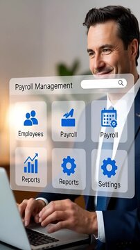 Businessman with laptop navigates payroll management software in office setting