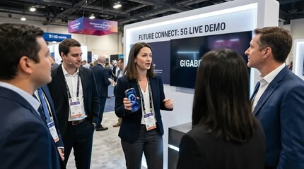 Business professionals engaging in a 5G live demo presentation at a technology conference, discussing future connectivity solutions - Powered by Adobe