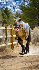 A dinosaur statue is jumping over a wooden fence