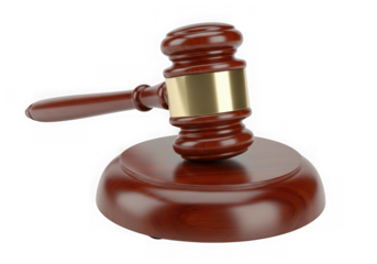 A wooden gavel with a gold band on a sound block