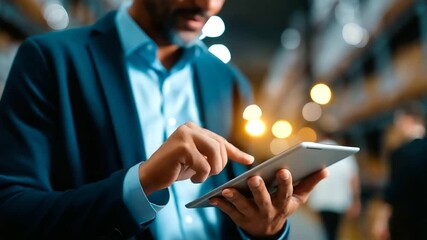 Professional using tablet with digital warehouse inventory management system faceless businessman defocused smart storage background modern logistics supply chain technology con - Powered by Adobe