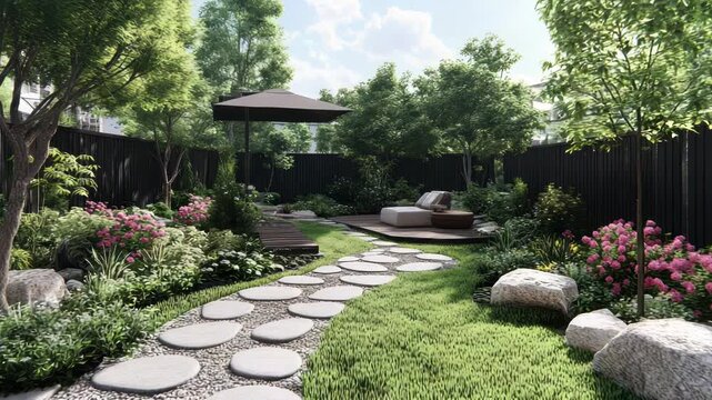 A serene garden scene features a stone pathway, lush greenery, and comfortable outdoor seating