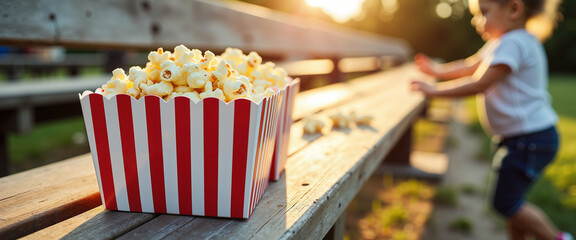 Box of popcorn on bench with child playing outdoors at sunset  