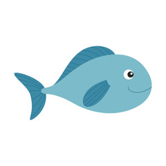 Cute Blue Cartoon Fish. Smiling Sea Animal Character. Simple Ocean Fish Illustration. Flat Vector for Kids Design