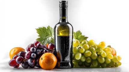 Elegant Wine and Fruit Arrangement: A sophisticated composition featuring a tall, elegant wine bottle flanked by clusters of vibrant grapes, fresh oranges, and lush green leaves.