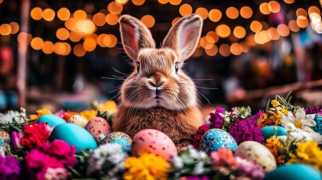 Adorable bunny with Easter eggs and flowers on festive bokeh lights background, spring celebration - Powered by Adobe