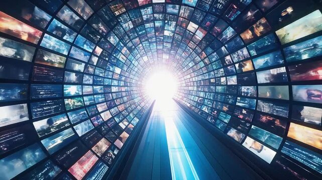 無限に続く映像トンネルが情報洪水とデジタル時代を象徴する光景