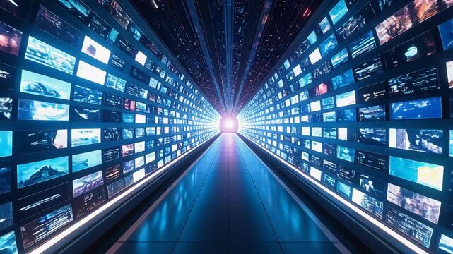 発光する映像が連なる通路がデータ社会の奥行きを表現する場面