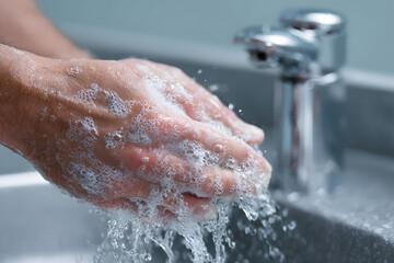 Close-up of hands washing with soap under running water, promoting hygiene, cleanliness, health protection, and daily personal care routine.