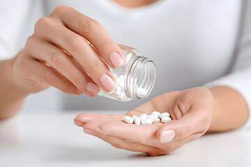 Woman pouring pills from a medicine bottle into hand, representing healthcare, medication, treatment, dosage, and pharmaceutical concept.