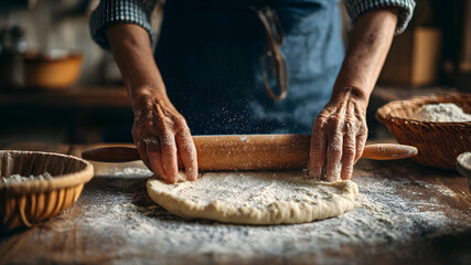 Hands kneading fresh dough with flour on wooden table, artisan baking process, homemade bread preparation, rustic kitchen atmosphere.