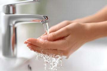 Hands rinsing under running water from faucet, symbolizing cleanliness, hygiene habits, health safety, and daily personal care routine.