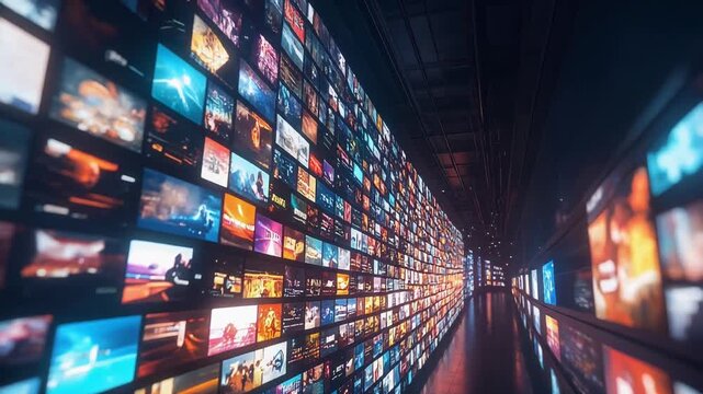 無数のスクリーンが並ぶ空間がデータ社会の広がりを象徴