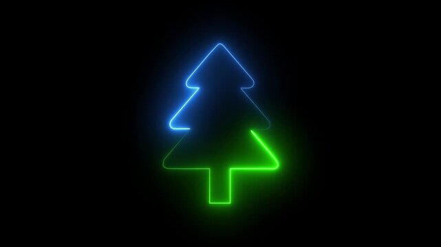 A neon Christmas tree outline in green and blue animation on a black background