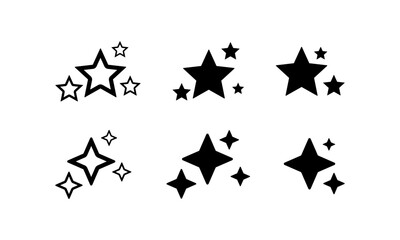 Collection of Sparkling Star Icons in Various Styles, Featuring Outline and Solid Black Designs for Graphic Projects and Celestial Themes