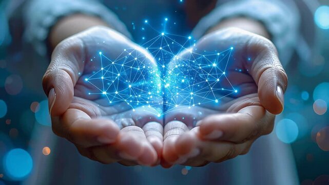 手のひらに集まる青い光が先進技術の可能性を示す