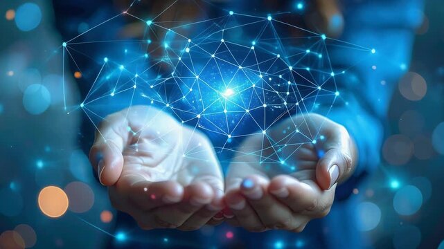 両手に浮かぶ光の粒子がデジタルな希望を象徴する