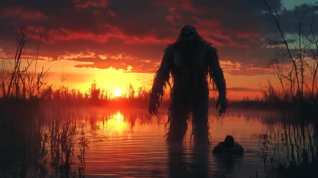 A tall, shadowy figure stands in a swamp at sunset, creating a captivating and haunting atmosphere