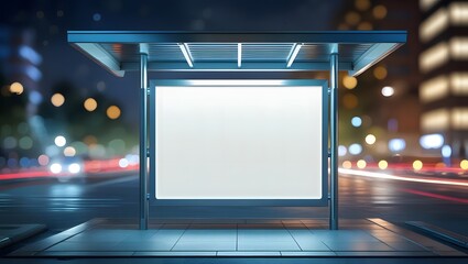 Illuminated bus stop shelter with a blank advertisement display at night