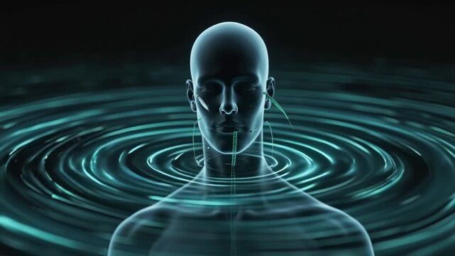 Semi-transparent mannequin in dark studio, acupuncture needles inserted in slow motion into meridian points, glowing energy ripples along meridians, cinematic lighting, 360-degree slow camera rotation