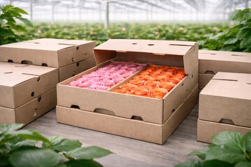 Colorful Arrangement of Freshly Packed Roses in Cardboard Boxes Ready for Distribution in a Lush Greenhouse Setting
