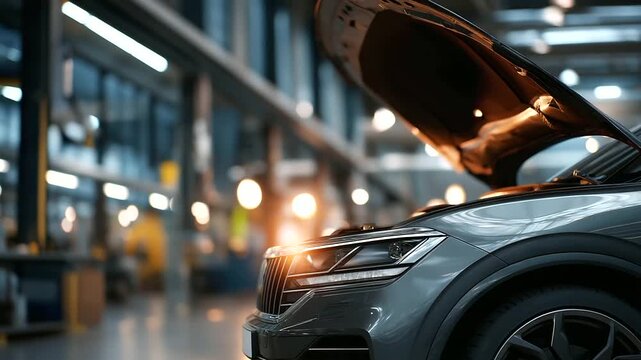 Vehicle repair facility gray automobile with open hood defocused automotive workshop background modern style servicing stations maintenance environment blurred visualization