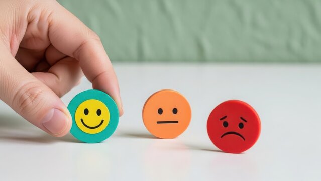 Hand chooses happy face emoji among sad and neutral