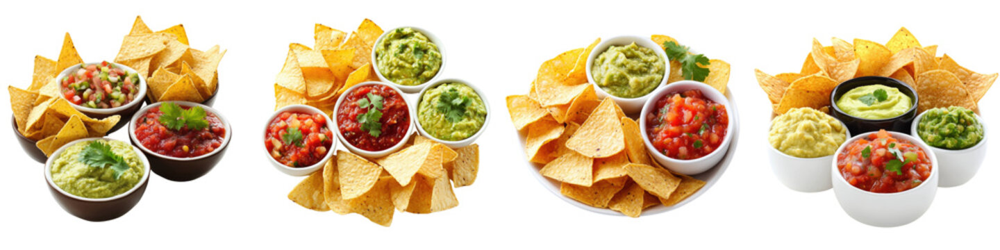 Chips and dip &ndash; A popular snack combo consisting of chips (like corn chips) and a variety of dips such as salsa or guacamole. Isolated on Clear White Background Highly Detailed