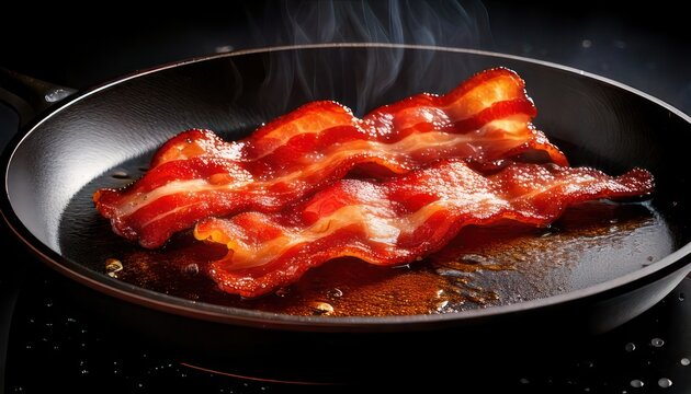 Crispy Bacon Sizzling in a Pan - A Delicious Breakfast Treat.