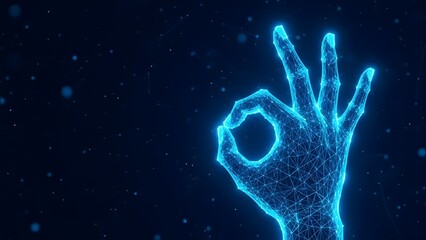 Glowing blue digital hand giving ok gesture in space