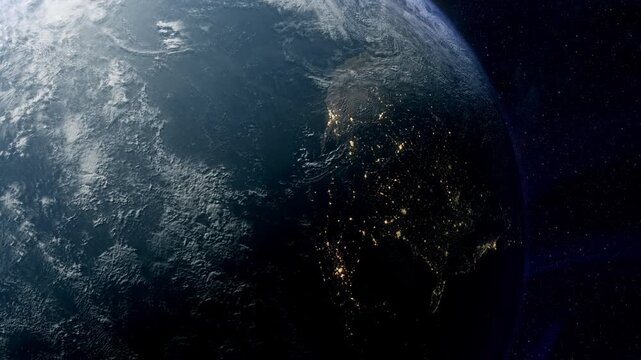 Cinematic planet Earth and Moon space view, glowing earth with city lights and atmospheric rim light, moon drifting through star filled cosmos, epic sci fi mood, deep space exploration, dramatic unive