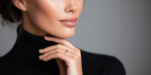 Woman with a simple gold ring, gently touching her chin on a neutral gray background.