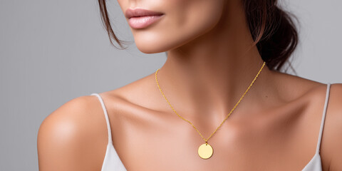 Woman wearing delicate gold necklace with a circular pendant against soft gray background.
