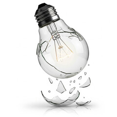 Broken lightbulb with shattered glass and glowing filament