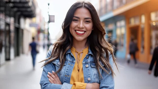Confident smiling woman portrait lifestyle fashion denim jacket businesswoman success happy young adult model diverse ethnicity urban city background stock video footage